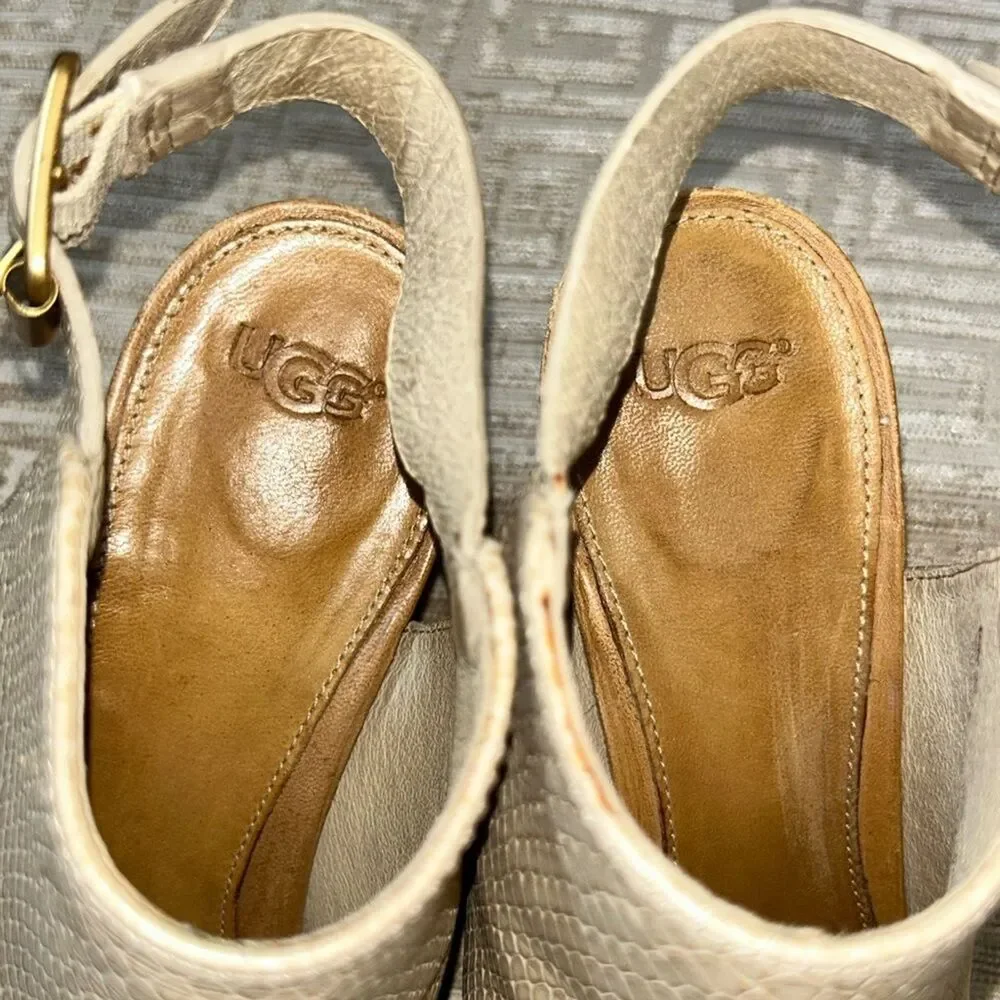 UGG Leather Peep-Toe Heels Size 8.5  Audrey Exotic Embossed Leather Cream